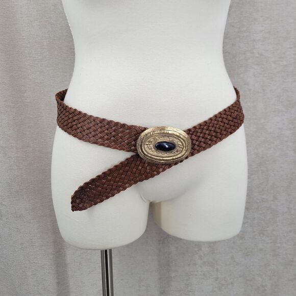 Vintage Brown Woven Belt with Gold Oval Buckle with Navy Blue Faux Stone